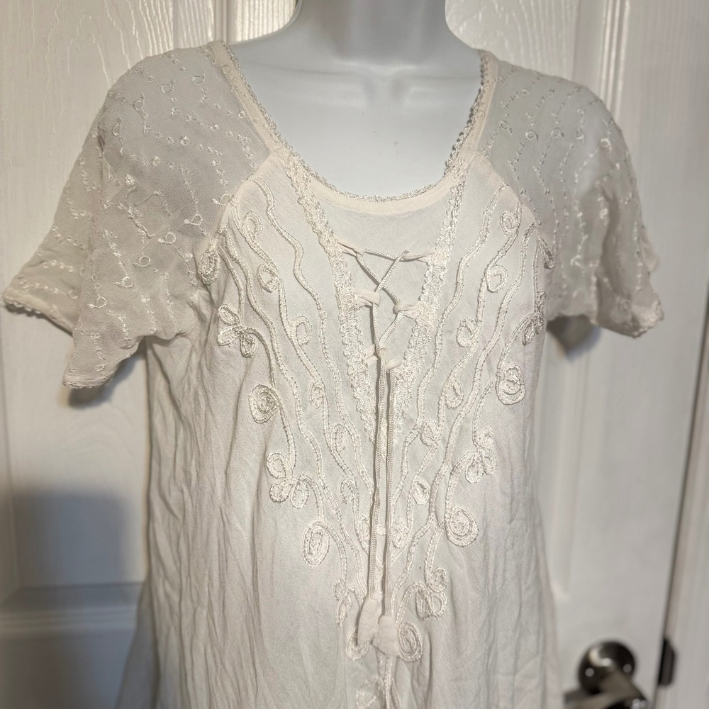 Jessica Taylor White Embroidered Rayon Boho Midi Dress Lace Up Tassel One Size